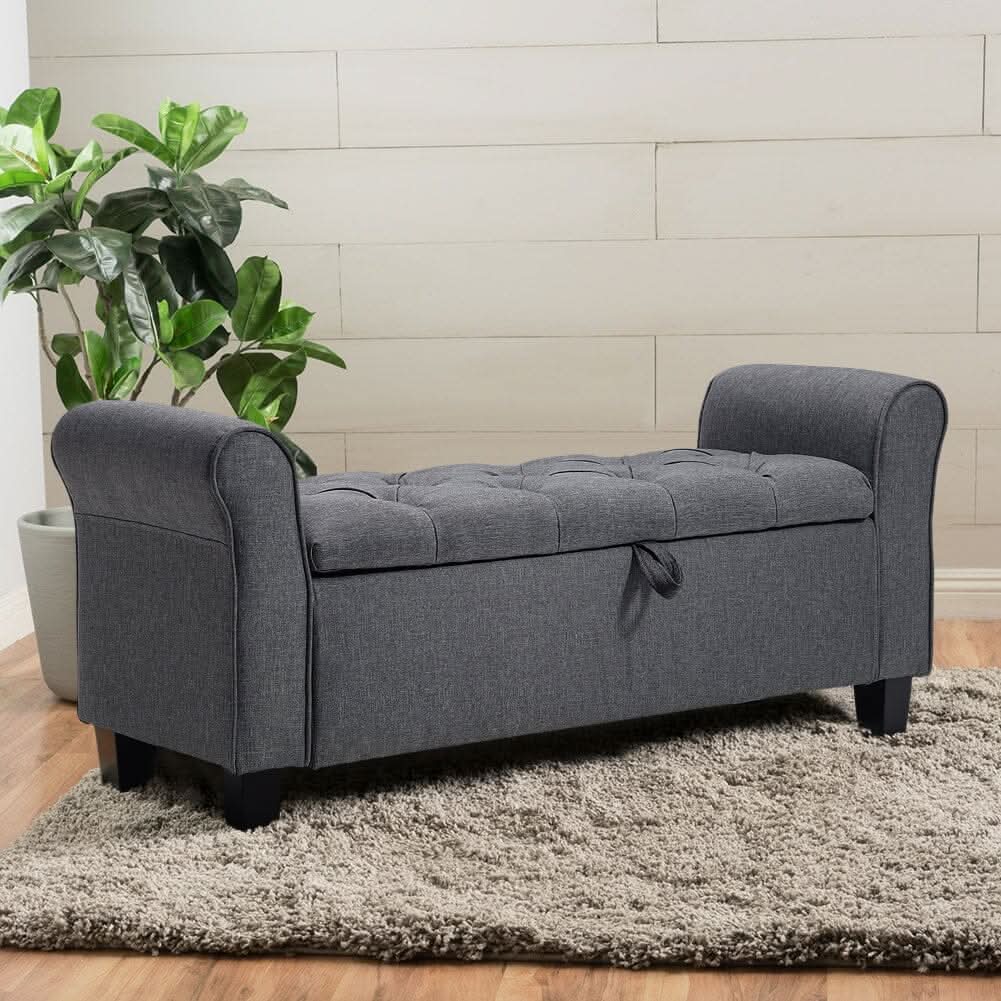 Deep Grey Linen Storage Footstool 115x40x48cm with Three-Row Tufting