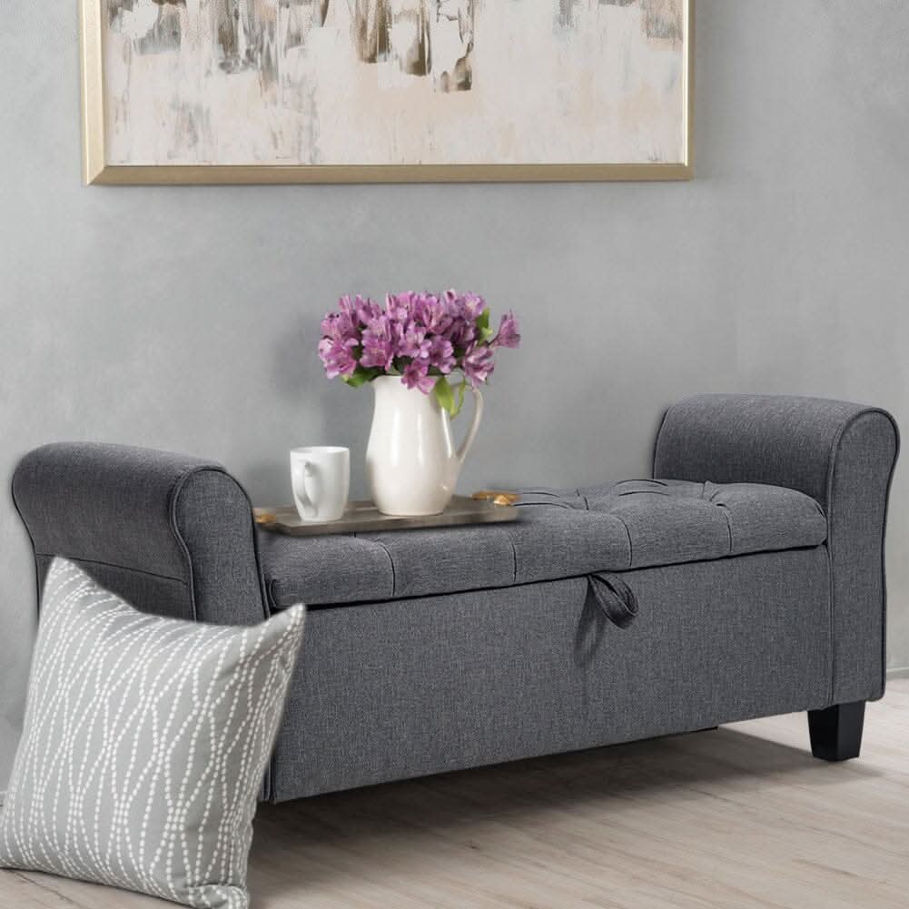 Deep Grey Linen Storage Footstool 115x40x48cm with Three-Row Tufting