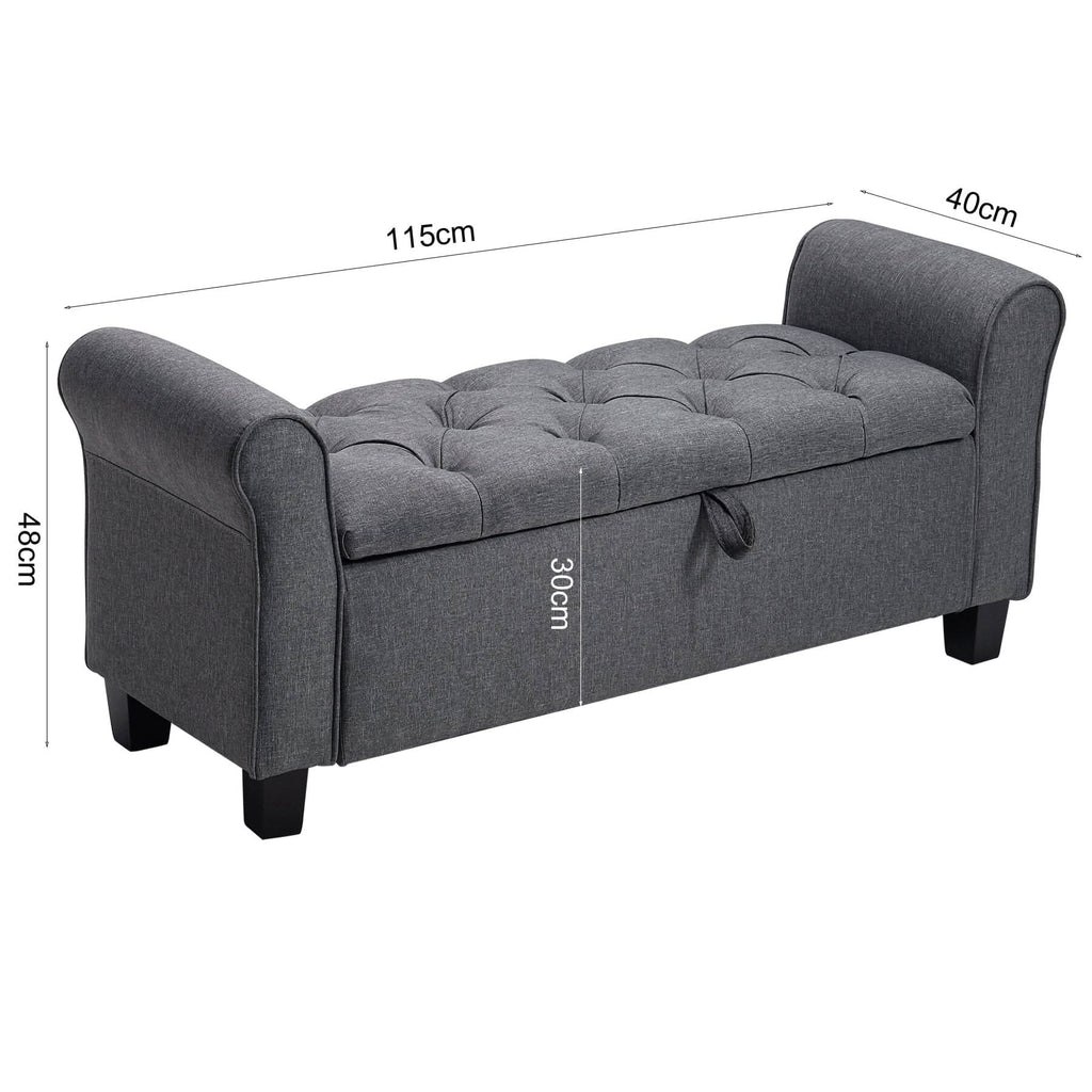 Deep Grey Linen Storage Footstool 115x40x48cm with Three-Row Tufting
