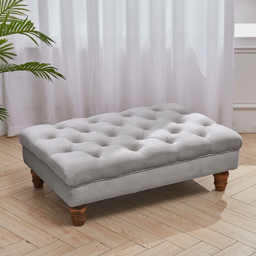 Tufted Upholstered Bench Velvet Fabric with Piped Edging and Turned Bun Feet