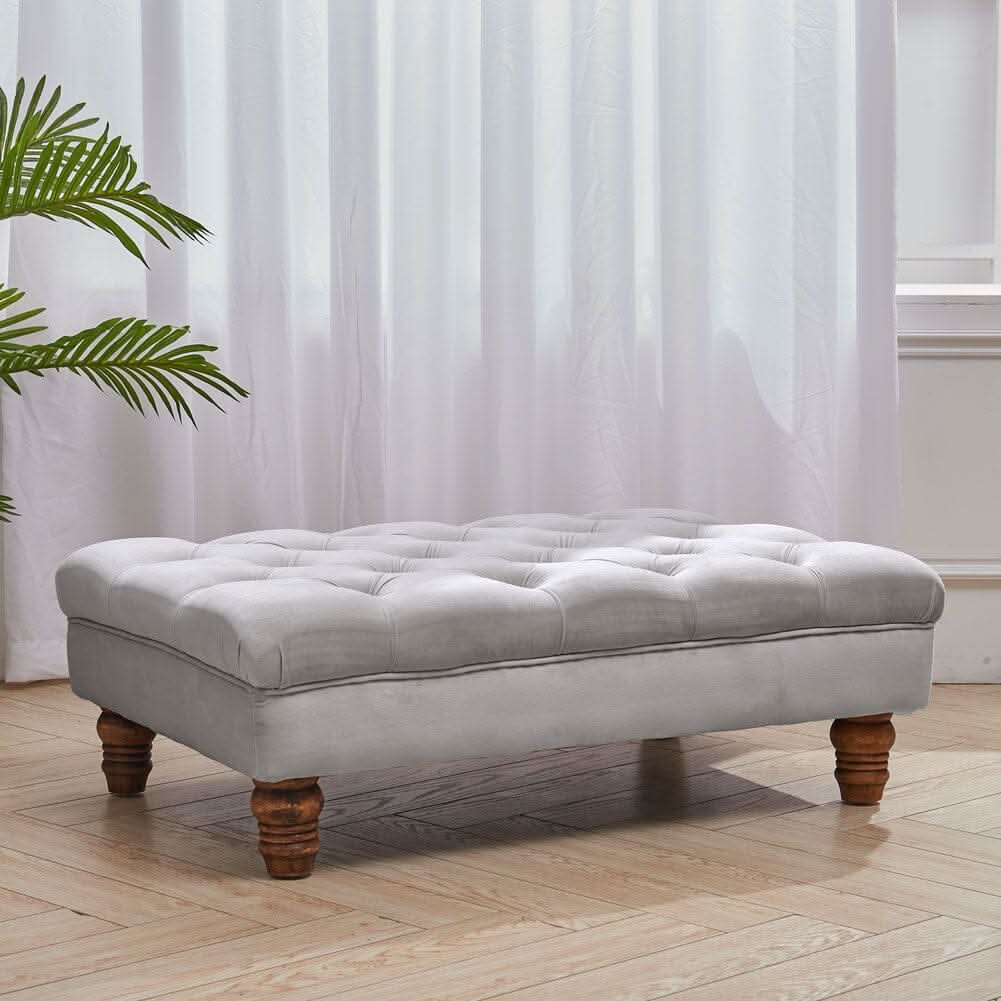 Tufted Upholstered Bench Velvet Fabric with Piped Edging and Turned Bun Feet