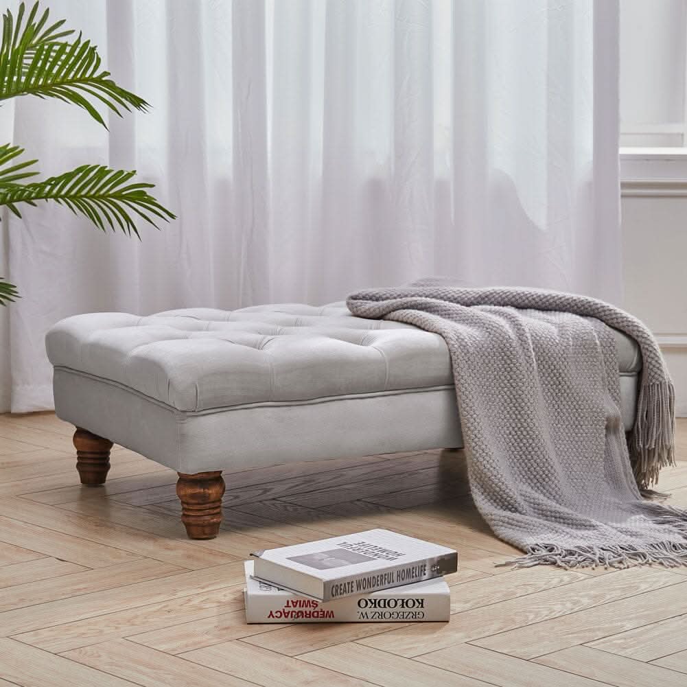 Tufted Upholstered Bench Velvet Fabric with Piped Edging and Turned Bun Feet