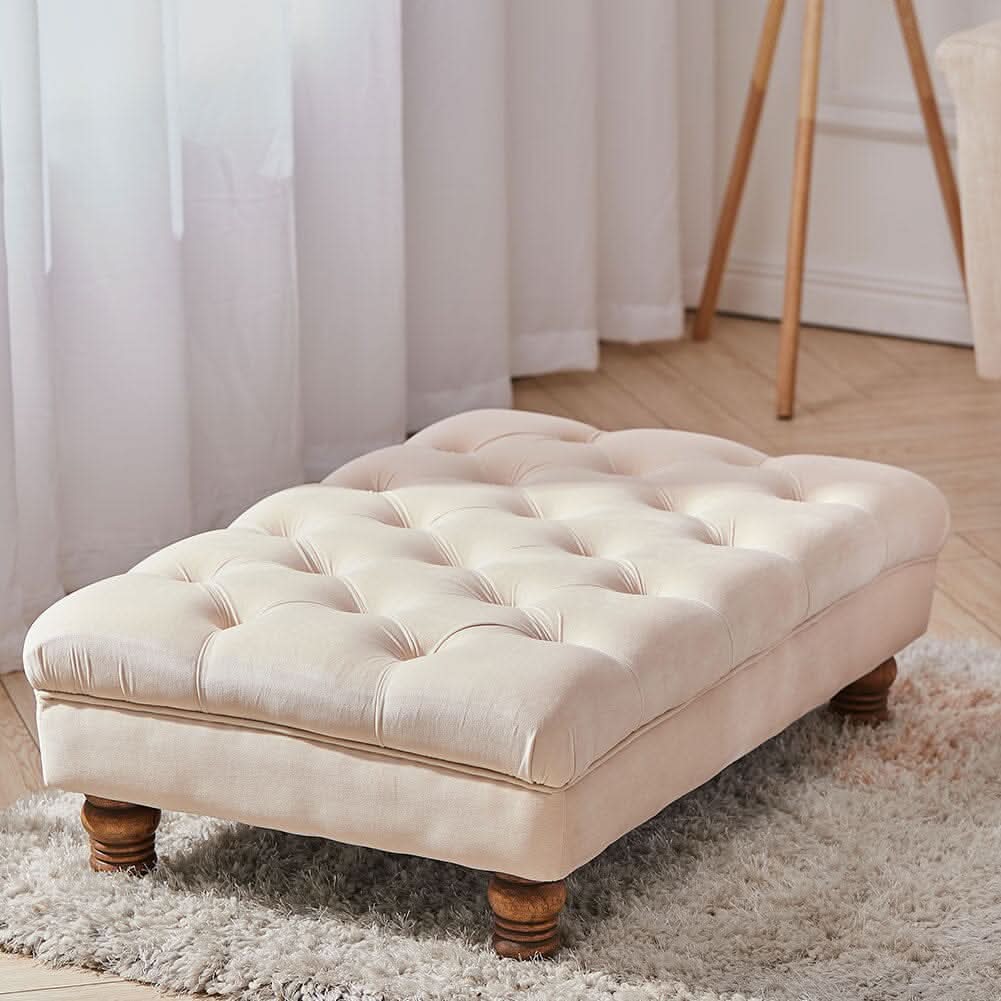 Tufted Upholstered Bench Velvet Fabric with Piped Edging and Turned Bun Feet