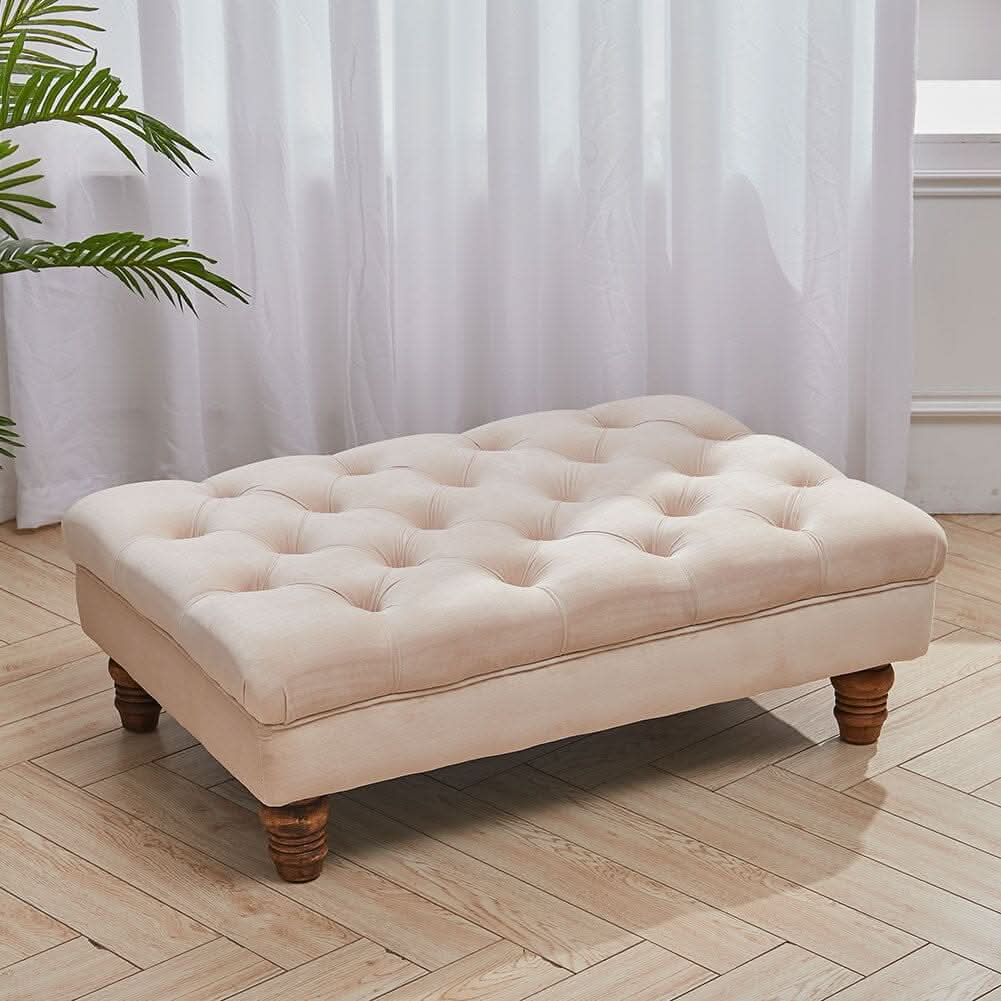 Tufted Upholstered Bench Velvet Fabric with Piped Edging and Turned Bun Feet