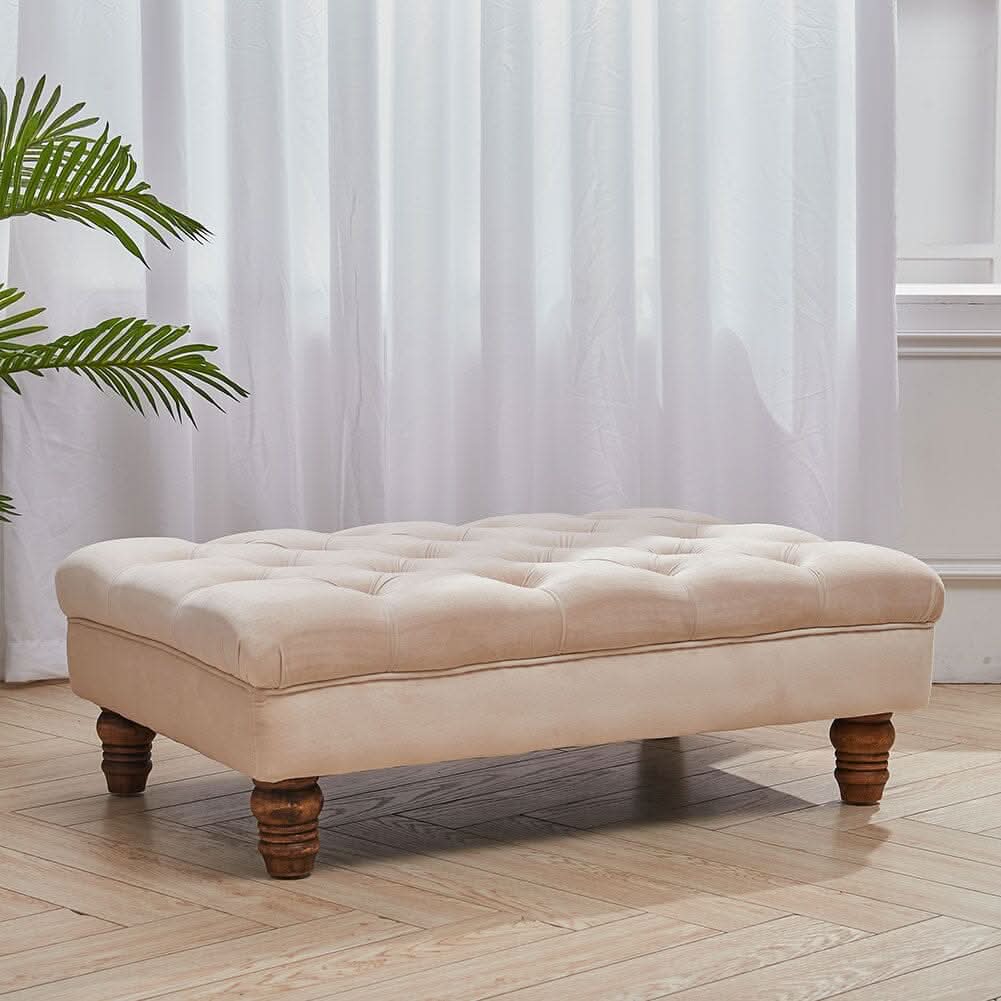 Tufted Upholstered Bench Velvet Fabric with Piped Edging and Turned Bun Feet