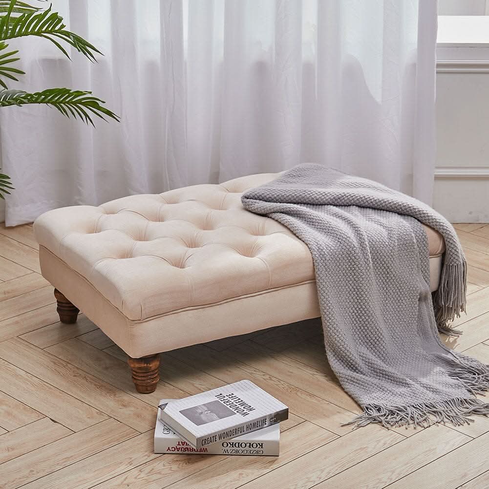 Tufted Upholstered Bench Velvet Fabric with Piped Edging and Turned Bun Feet