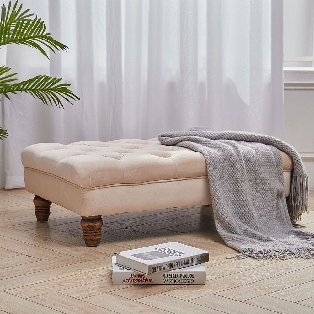 Tufted Upholstered Bench Velvet Fabric with Piped Edging and Turned Bun Feet