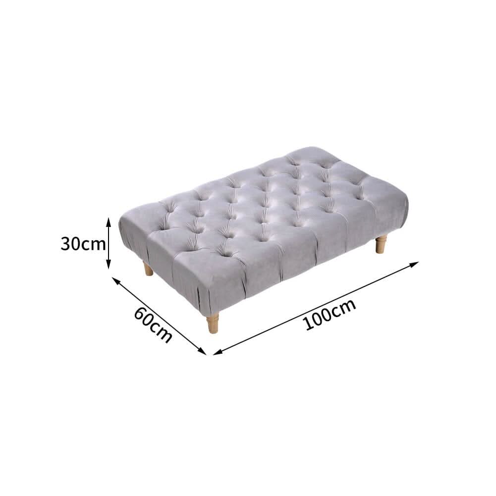 Chesterfield Style Tufted Ottoman Bench Grey Velvet with Natural Wood Legs