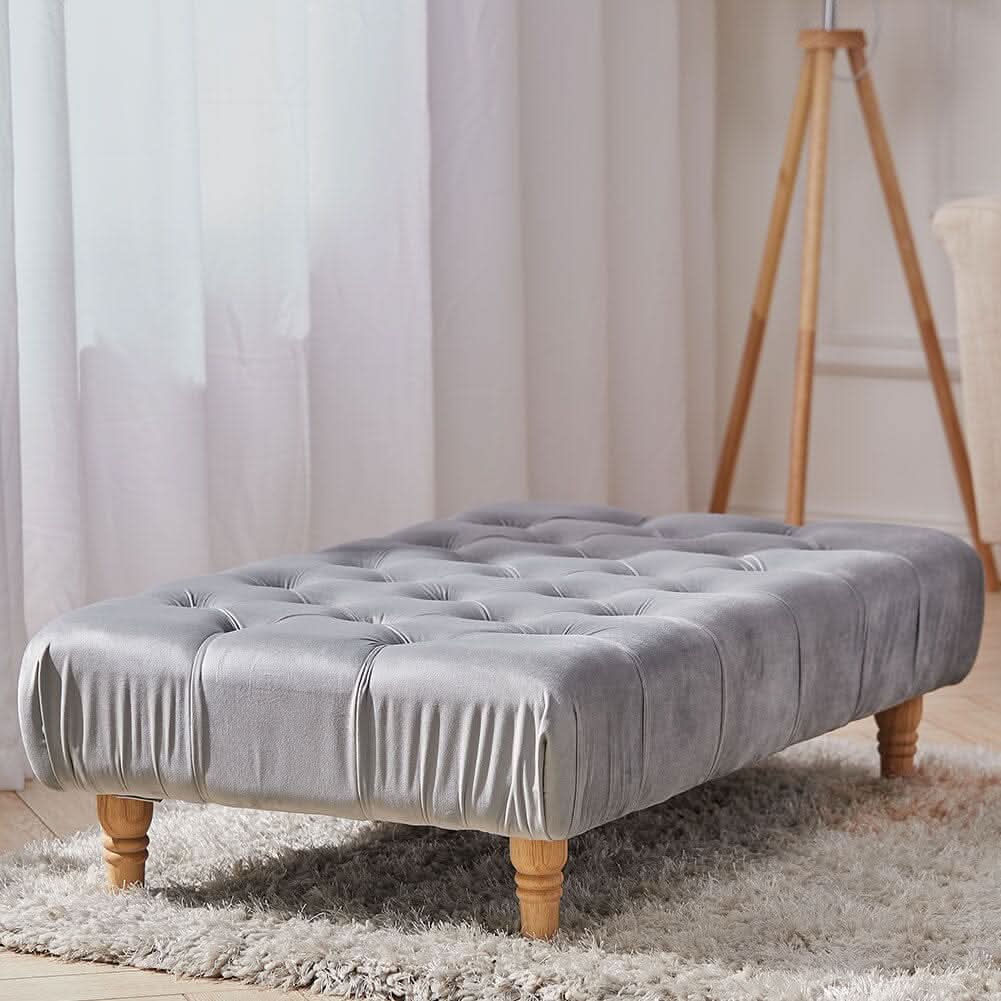 Chesterfield Style Tufted Ottoman Bench Grey Velvet with Natural Wood Legs
