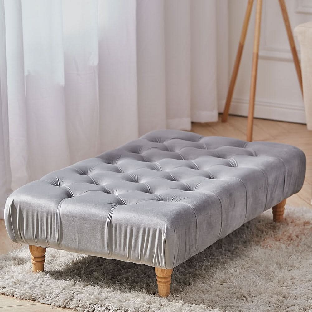 Chesterfield Style Tufted Ottoman Bench Grey Velvet with Natural Wood Legs