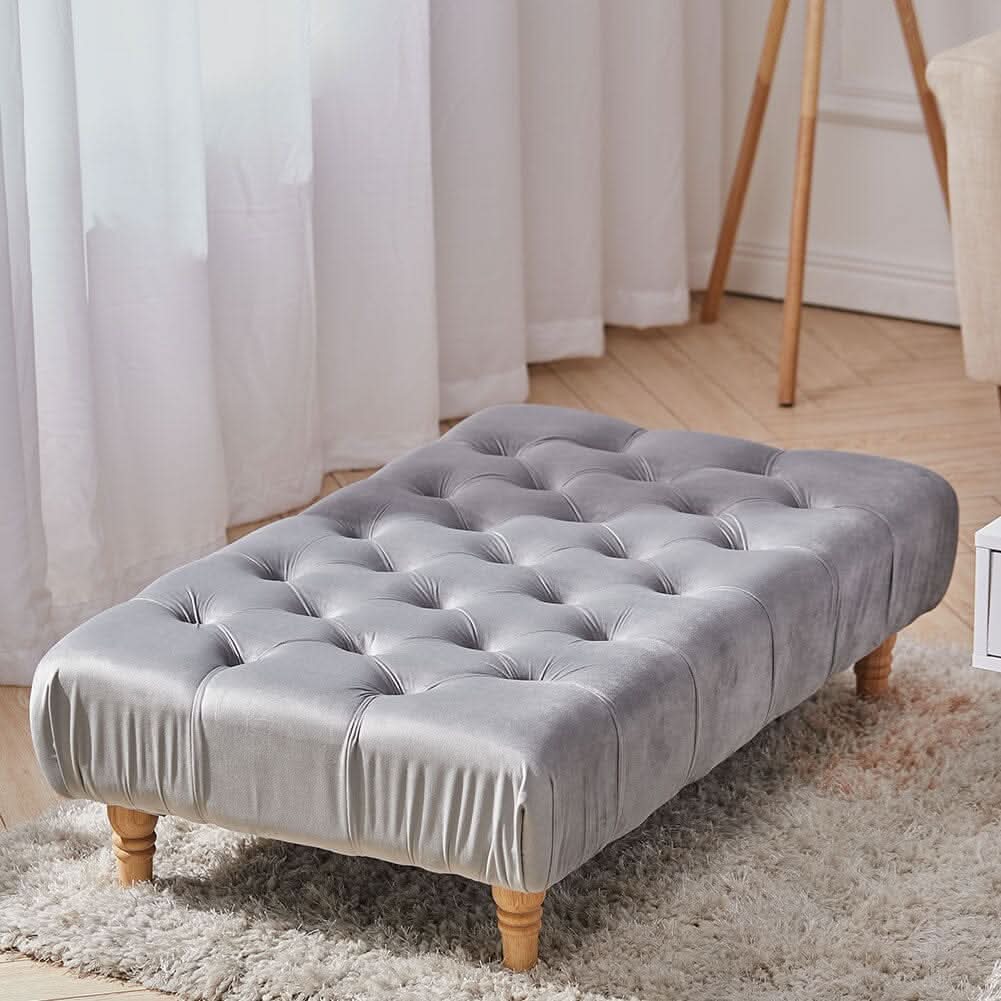 Chesterfield Style Tufted Ottoman Bench Grey Velvet with Natural Wood Legs