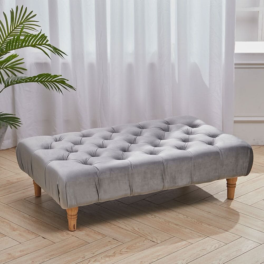 Chesterfield Style Tufted Ottoman Bench Grey Velvet with Natural Wood Legs