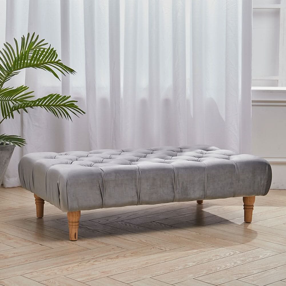 Chesterfield Style Tufted Ottoman Bench Grey Velvet with Natural Wood Legs