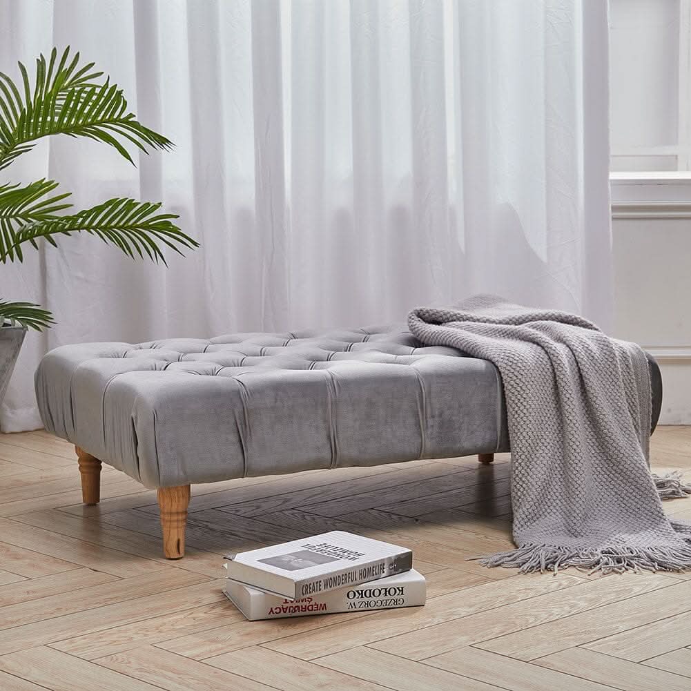 Chesterfield Style Tufted Ottoman Bench Grey Velvet with Natural Wood Legs
