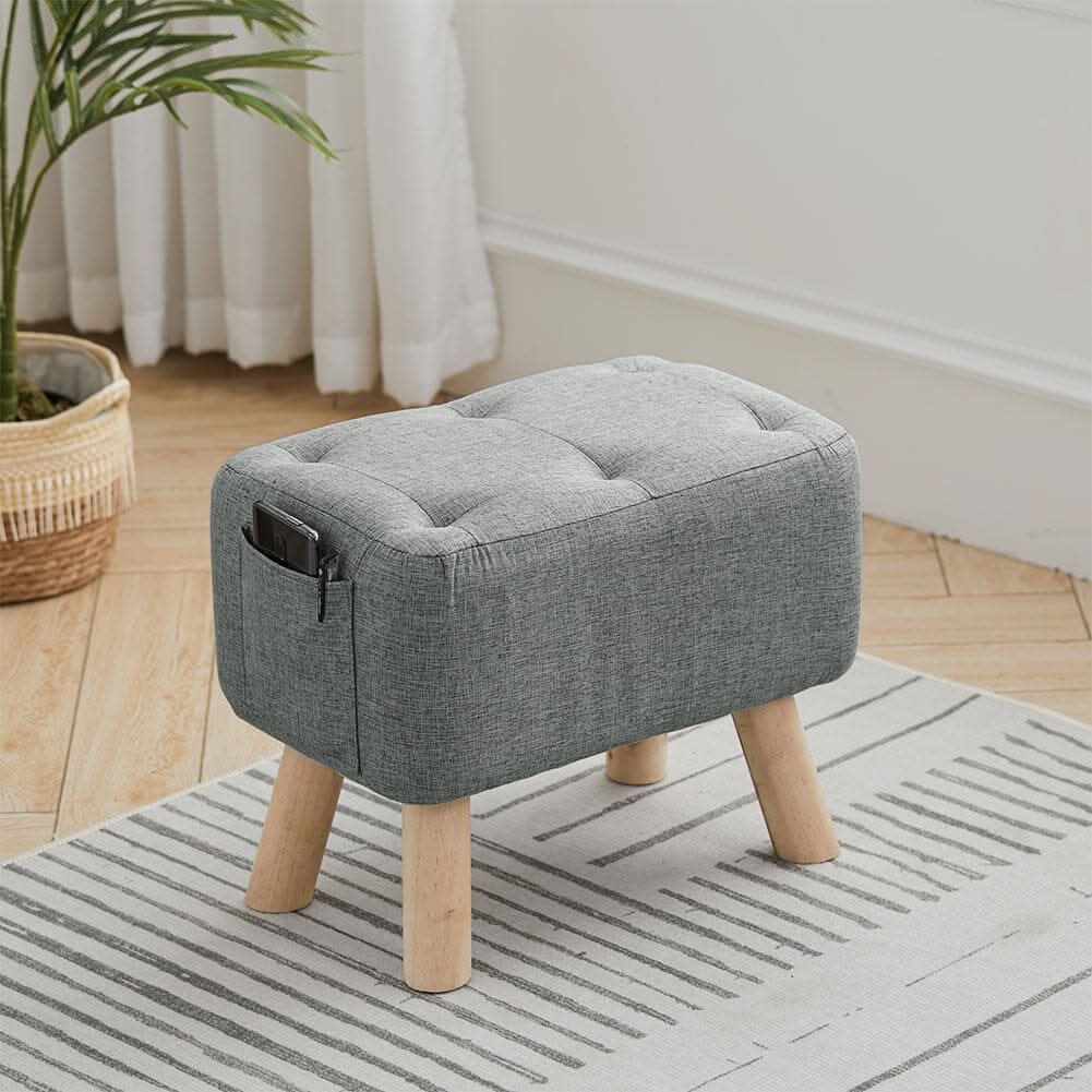 Linen Fabric Footstool Collection: Tufted Stool with Side Pocket & Low-Profile Footrest