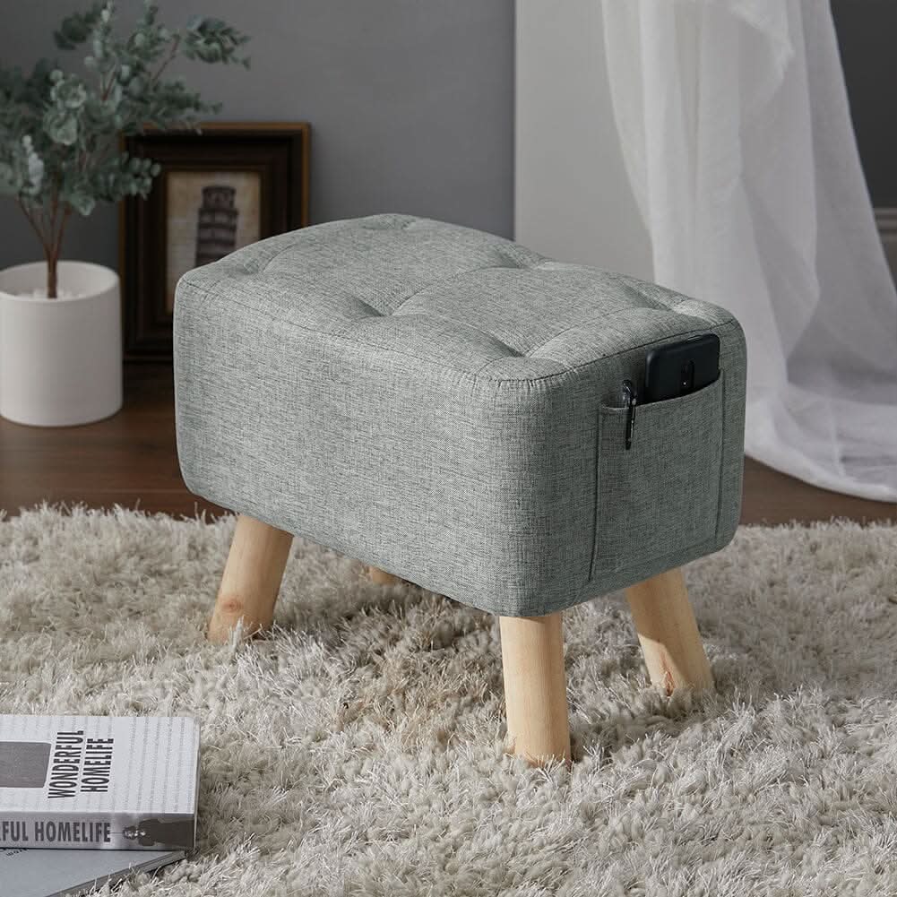 Linen Fabric Footstool Collection: Tufted Stool with Side Pocket & Low-Profile Footrest