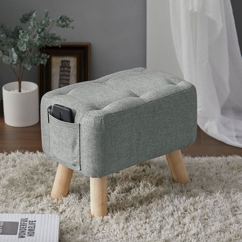 Linen Fabric Footstool Collection: Tufted Stool with Side Pocket & Low-Profile Footrest