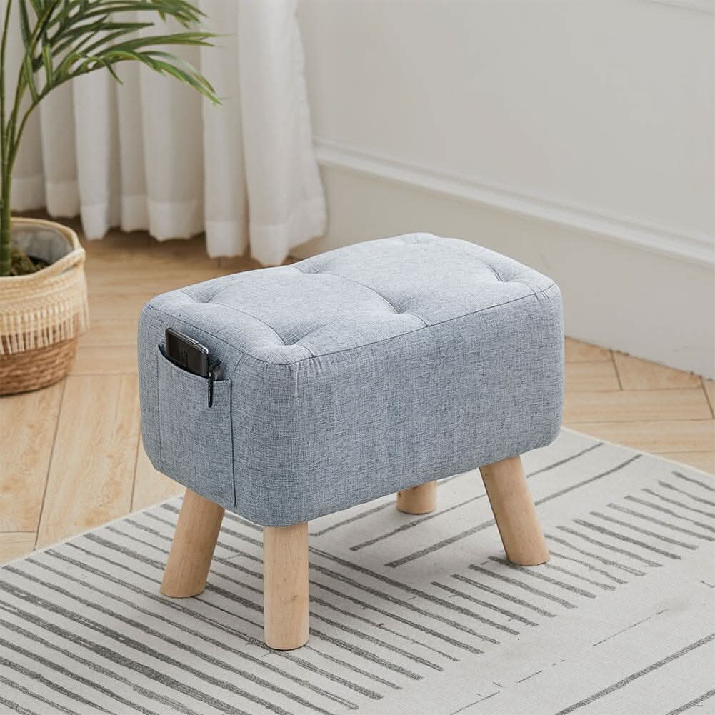 Linen Fabric Footstool Collection: Tufted Stool with Side Pocket & Low-Profile Footrest