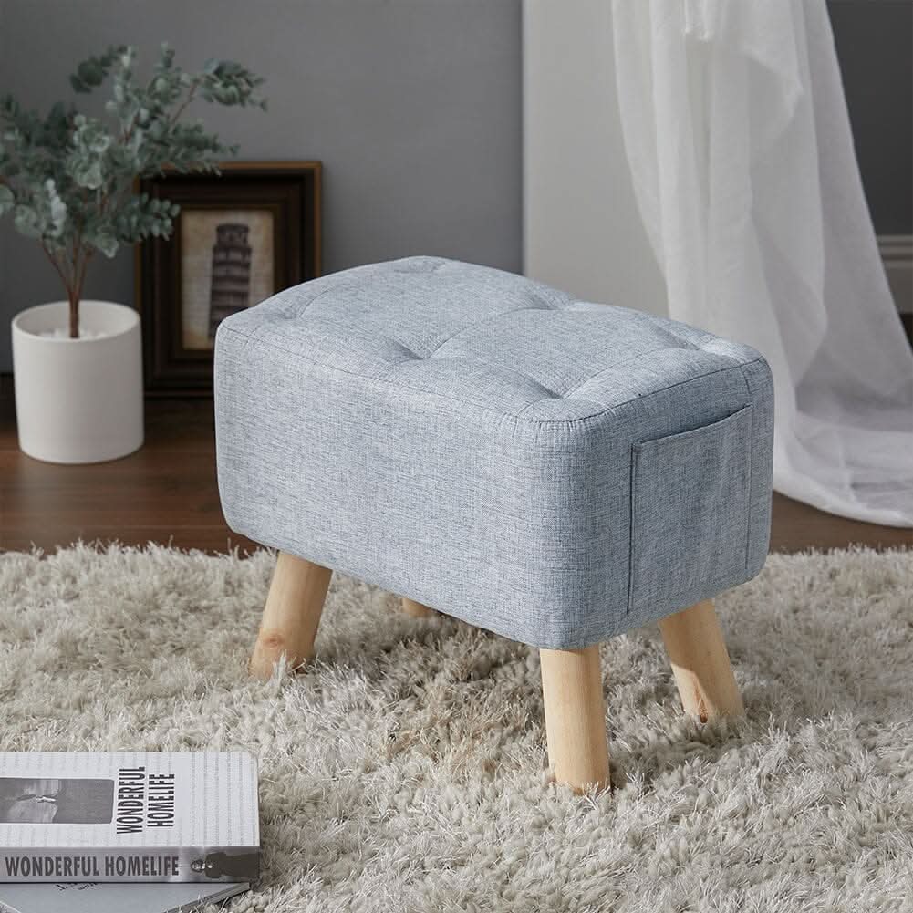 Linen Fabric Footstool Collection: Tufted Stool with Side Pocket & Low-Profile Footrest
