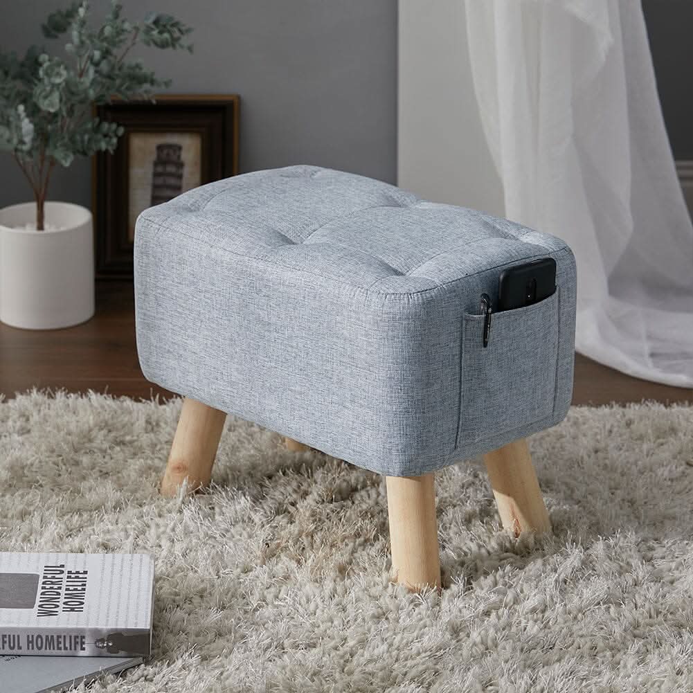 Linen Fabric Footstool Collection: Tufted Stool with Side Pocket & Low-Profile Footrest
