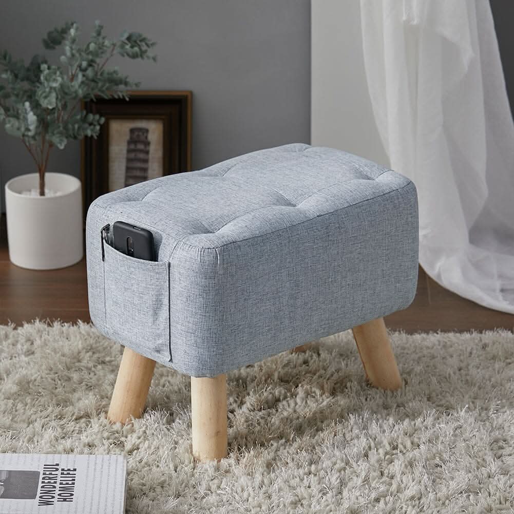 Linen Fabric Footstool Collection: Tufted Stool with Side Pocket & Low-Profile Footrest