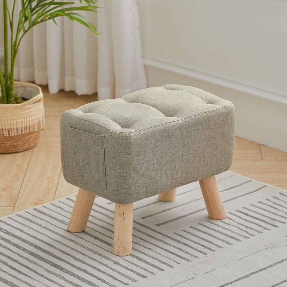 Linen Fabric Footstool Collection: Tufted Stool with Side Pocket & Low-Profile Footrest