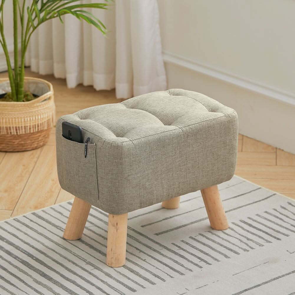 Linen Fabric Footstool Collection: Tufted Stool with Side Pocket & Low-Profile Footrest