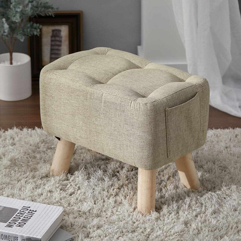Linen Fabric Footstool Collection: Tufted Stool with Side Pocket & Low-Profile Footrest