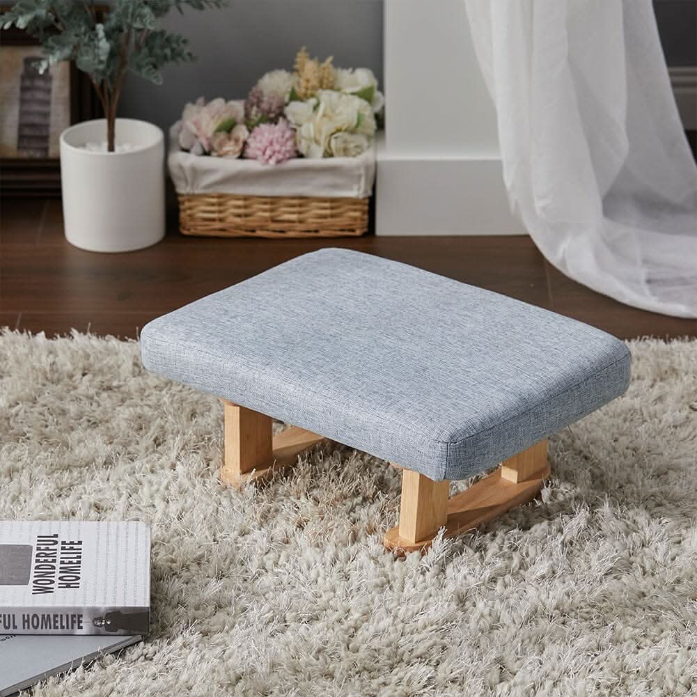 Linen Fabric Footstool Collection: Tufted Stool with Side Pocket & Low-Profile Footrest