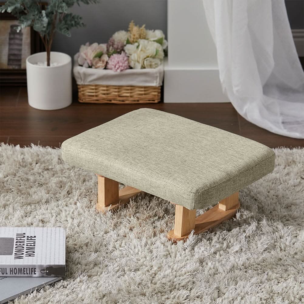 Linen Fabric Footstool Collection: Tufted Stool with Side Pocket & Low-Profile Footrest
