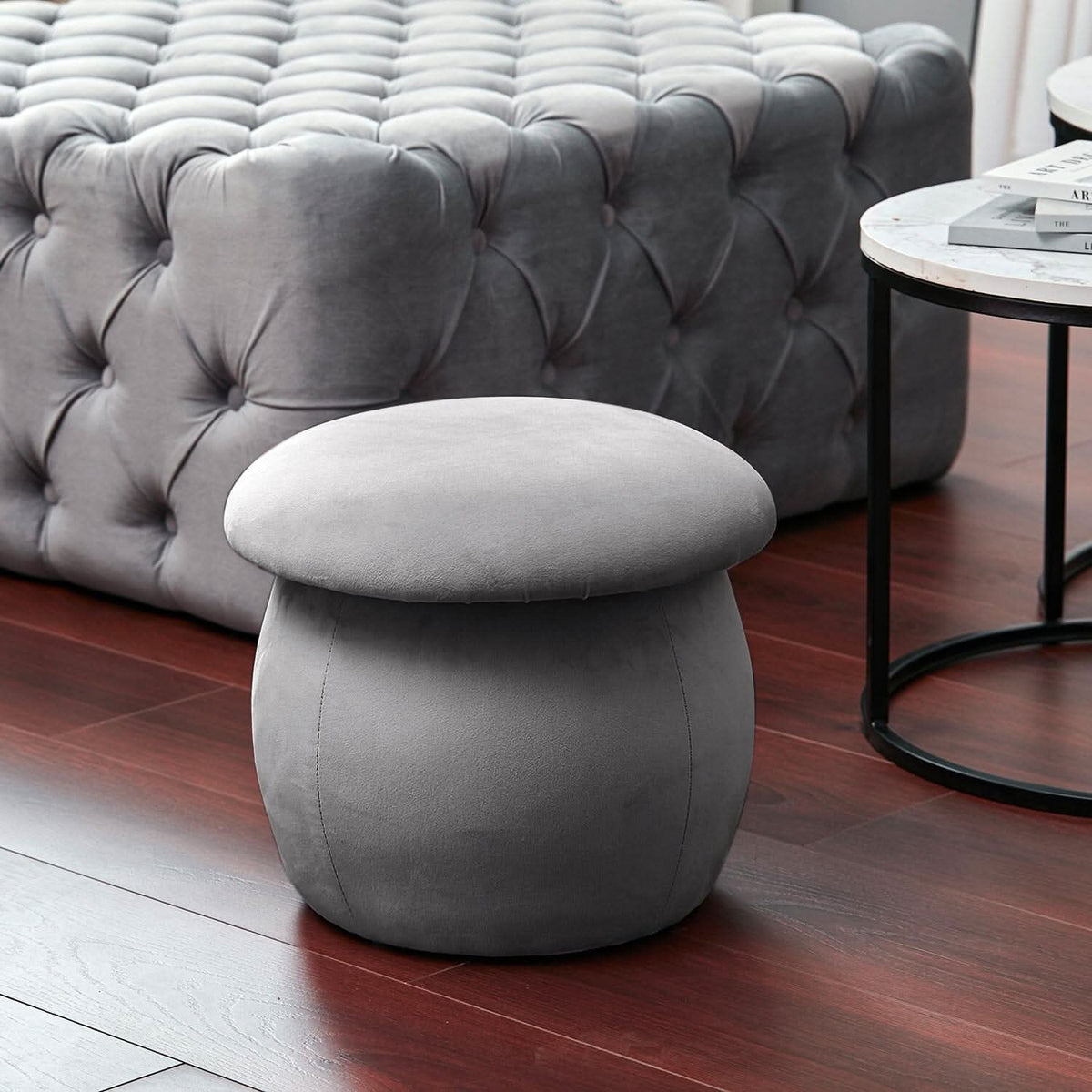 Mushroom-Shaped Round Ottoman Grey Velvet