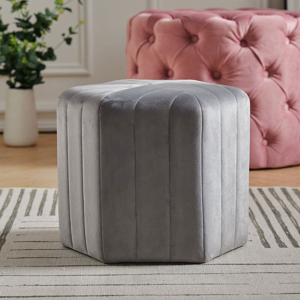 Octagonal Ribbed Ottoman Grey Velvet