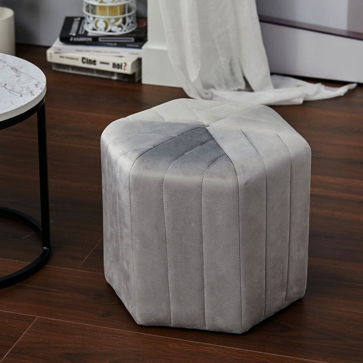 Octagonal Ribbed Ottoman Grey Velvet