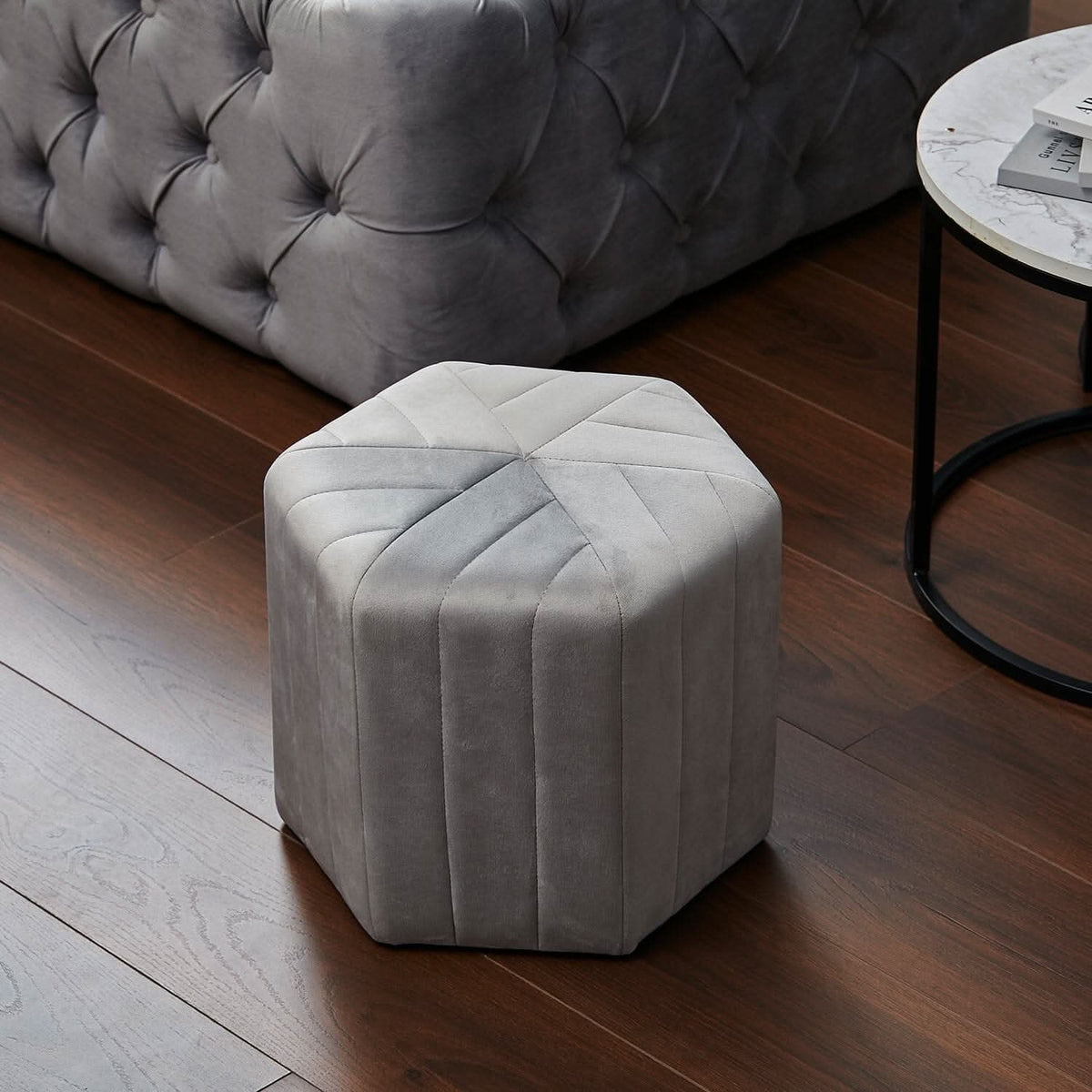 Octagonal Ribbed Ottoman Grey Velvet