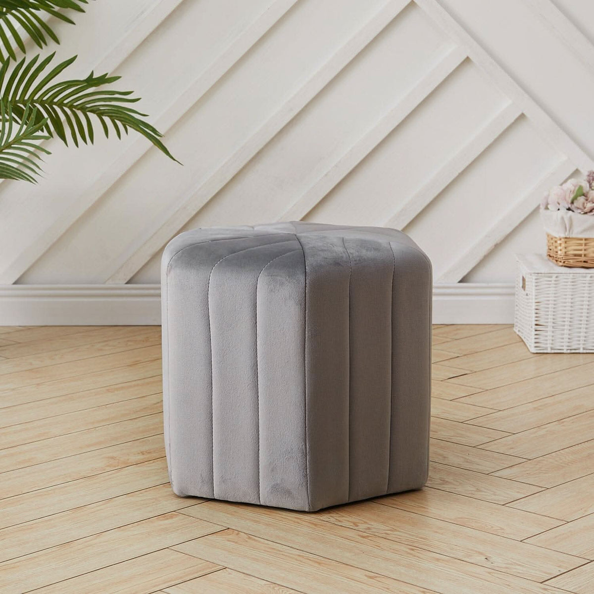 Octagonal Ribbed Ottoman Grey Velvet