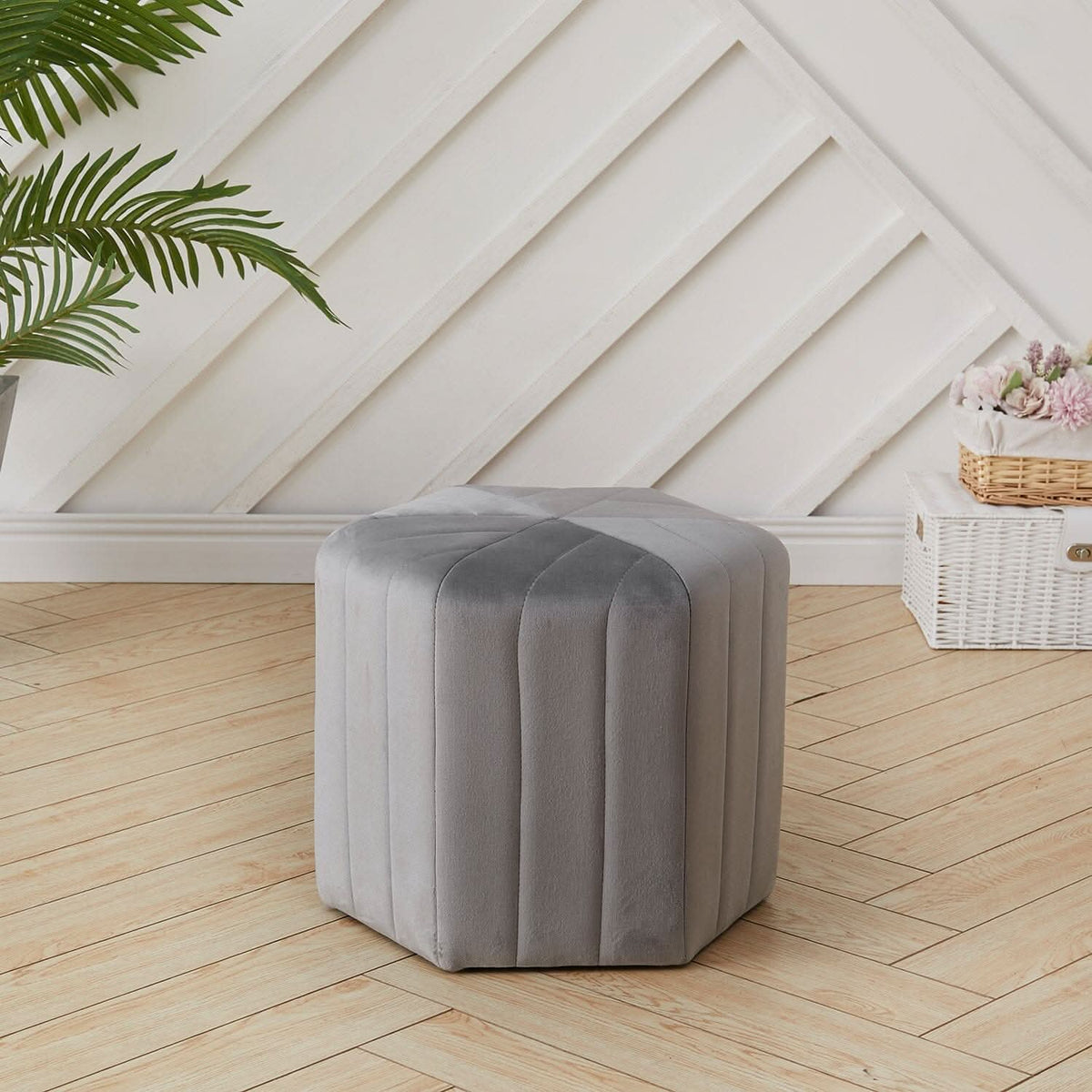Octagonal Ribbed Ottoman Grey Velvet