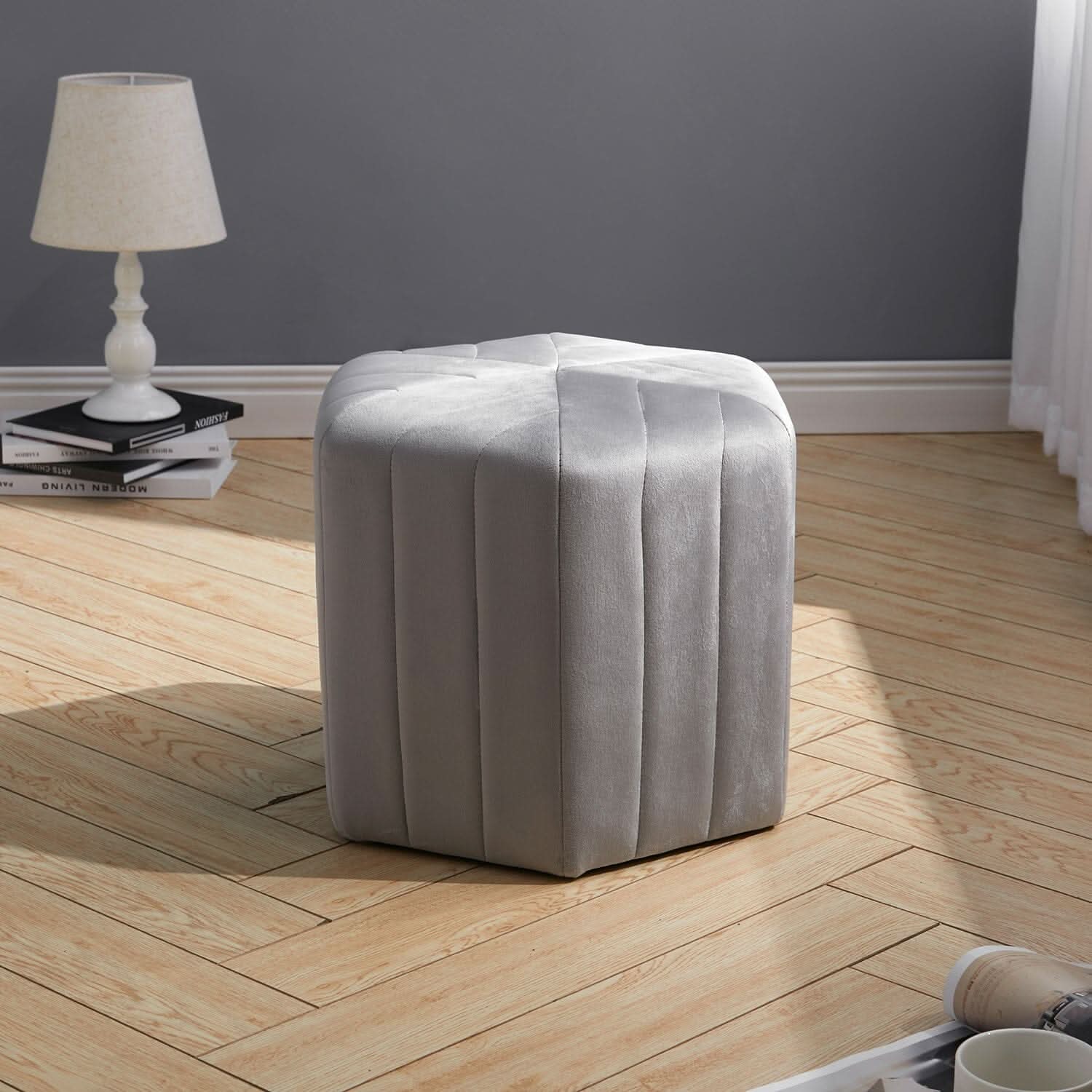 Octagonal Ribbed Ottoman Grey Velvet