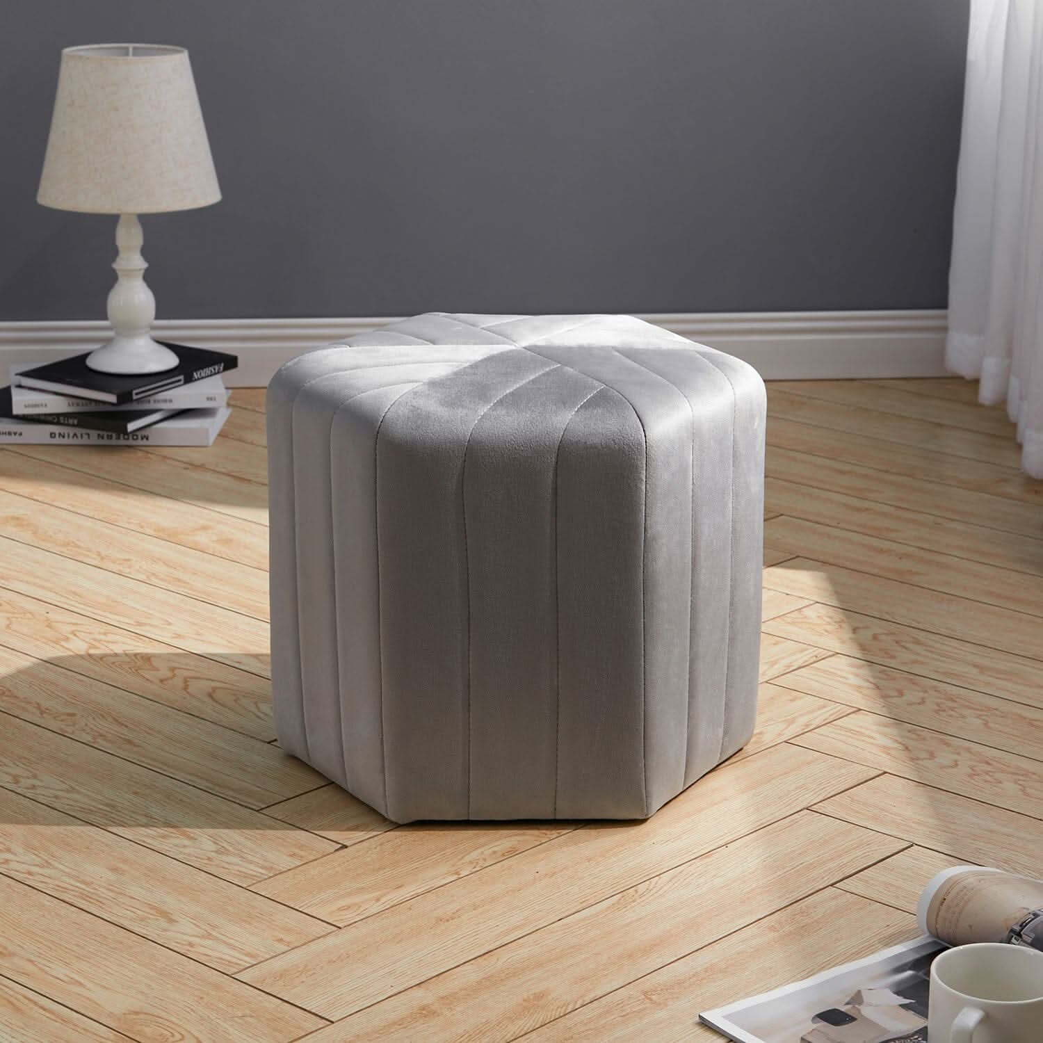 Octagonal Ribbed Ottoman Grey Velvet