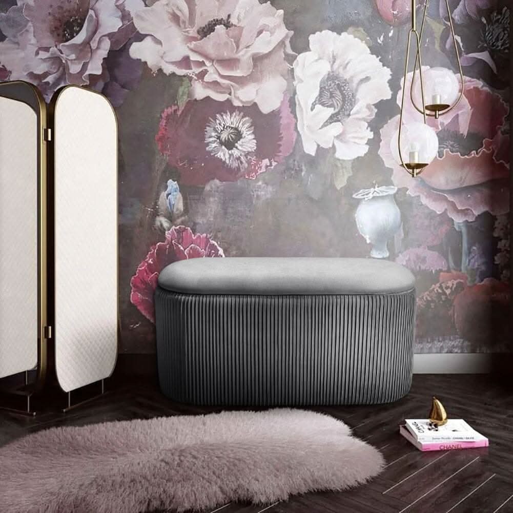 Slate Grey Velvet Storage Ottoman Stool 76x39x40.5cm with Pleated Design