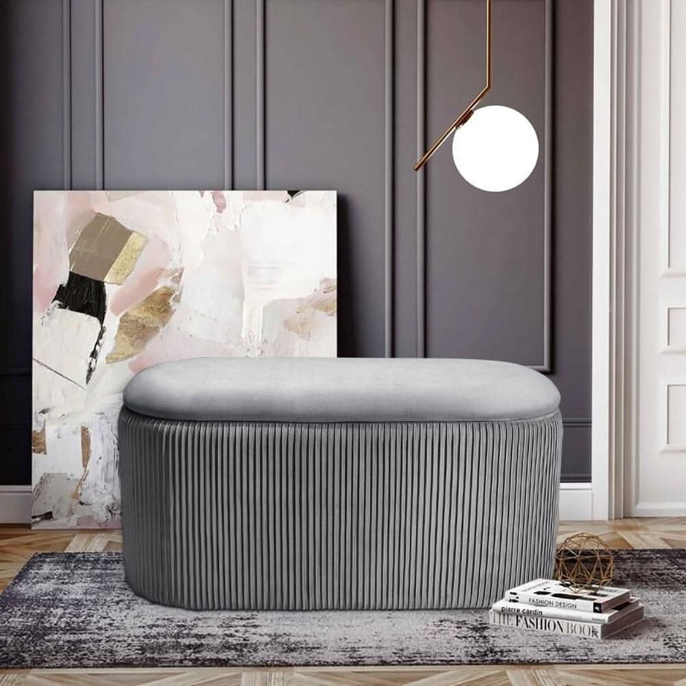 Slate Grey Velvet Storage Ottoman Stool 76x39x40.5cm with Pleated Design