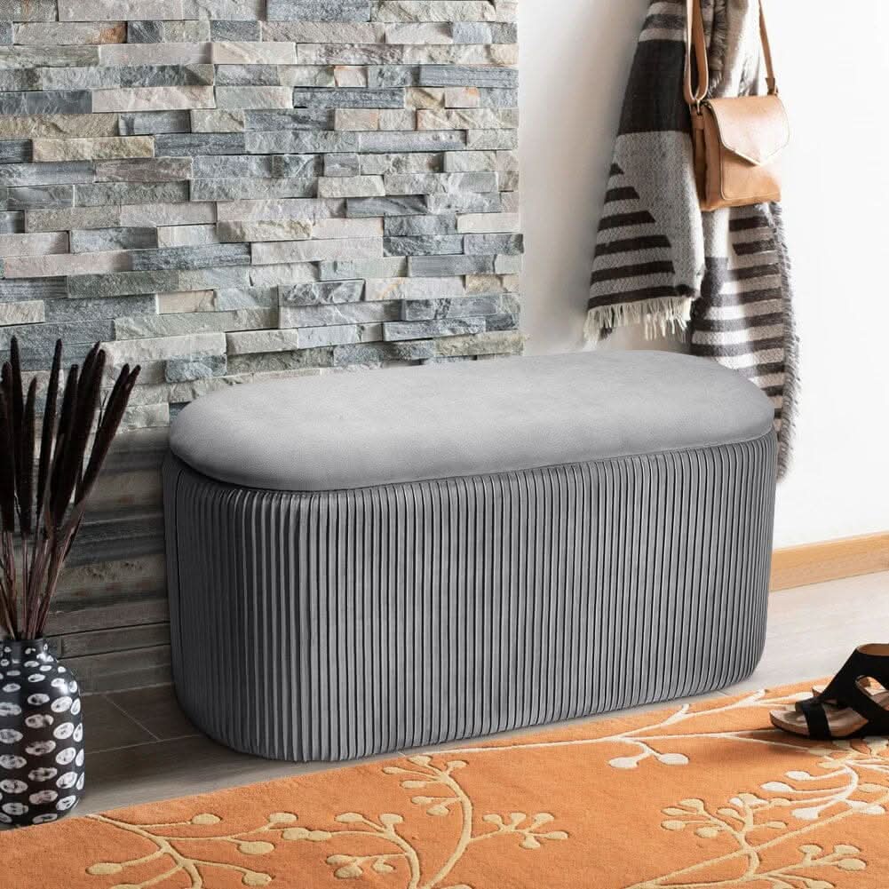 Slate Grey Velvet Storage Ottoman Stool 76x39x40.5cm with Pleated Design