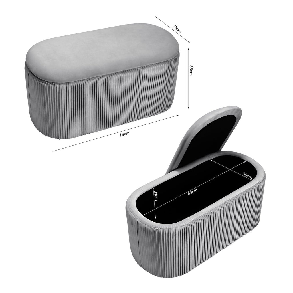 Slate Grey Velvet Storage Ottoman Stool 76x39x40.5cm with Pleated Design