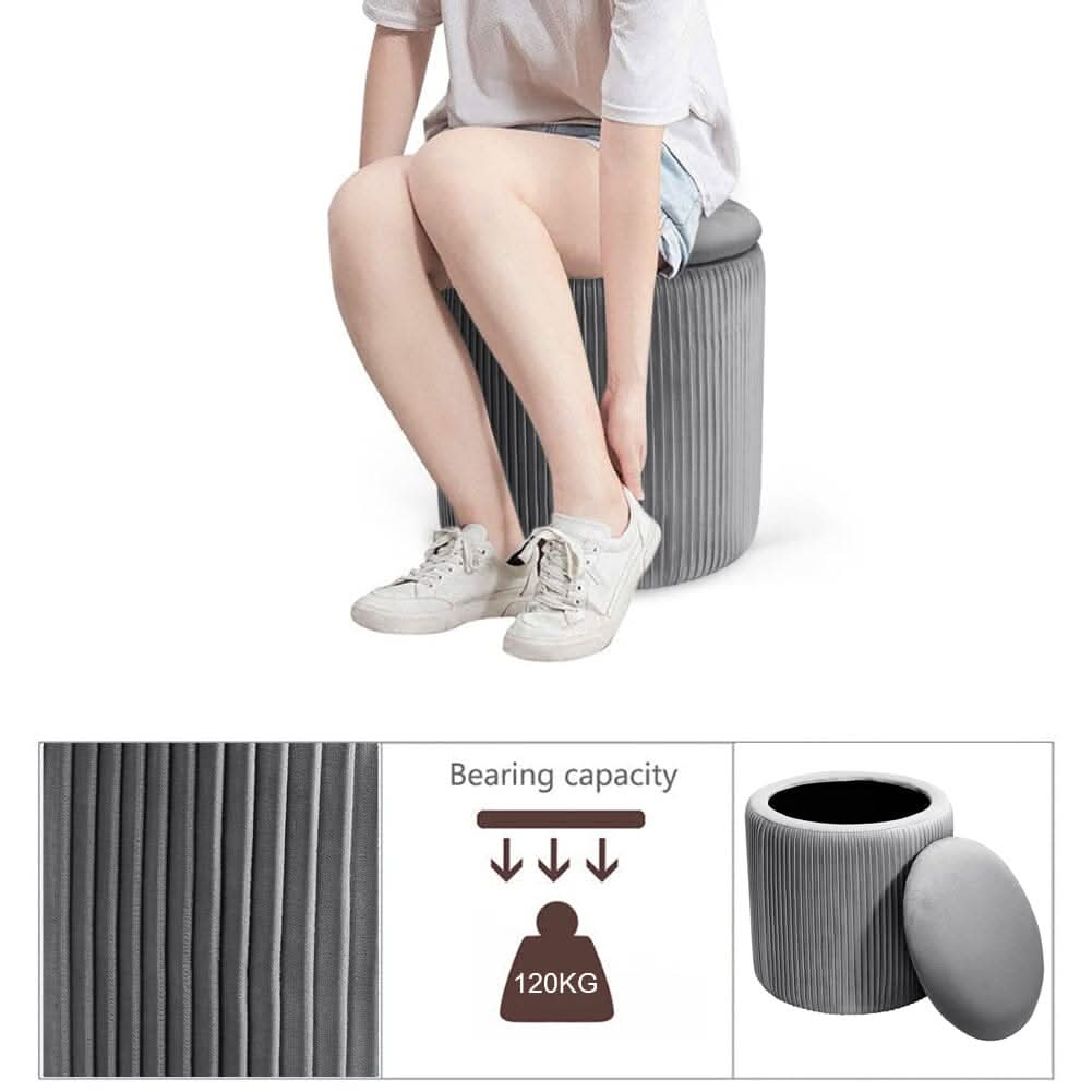 Slate Grey Velvet Cylindrical Storage Stool with Ribbed Design