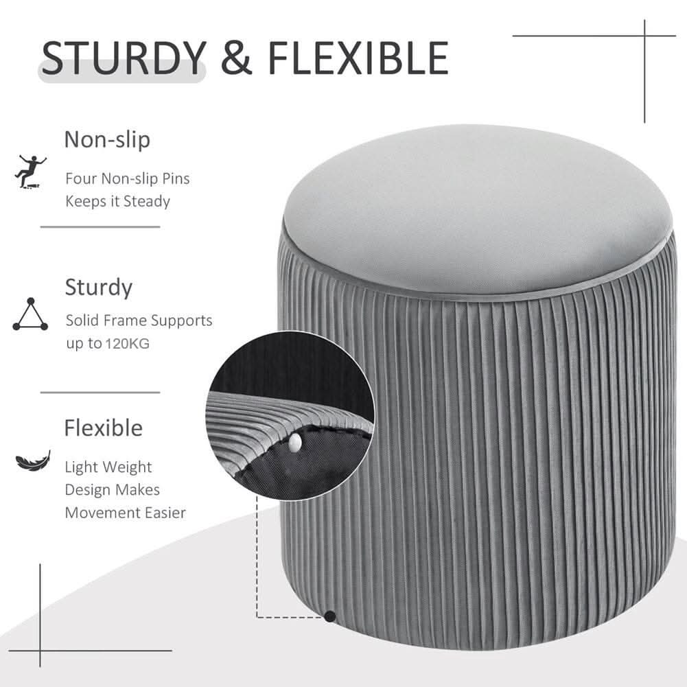 Slate Grey Velvet Cylindrical Storage Stool with Ribbed Design