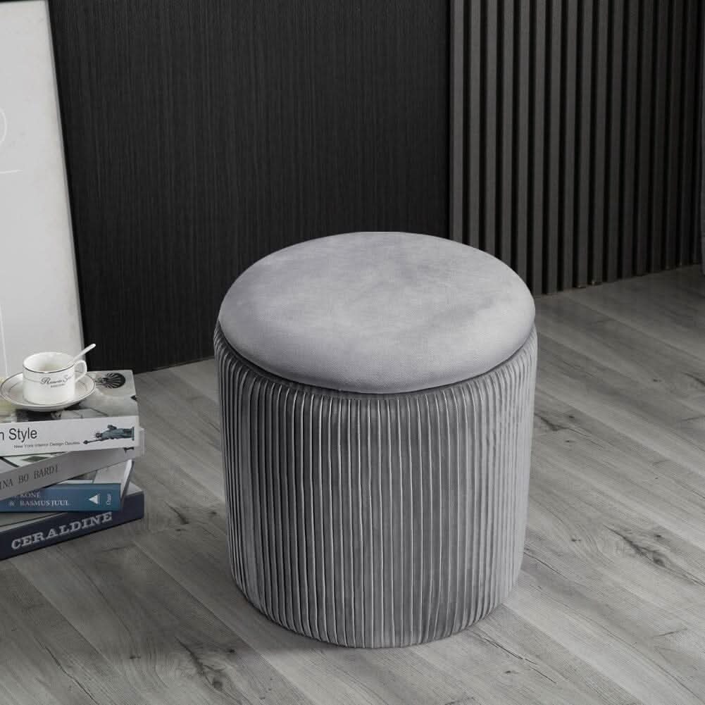 Slate Grey Velvet Cylindrical Storage Stool with Ribbed Design