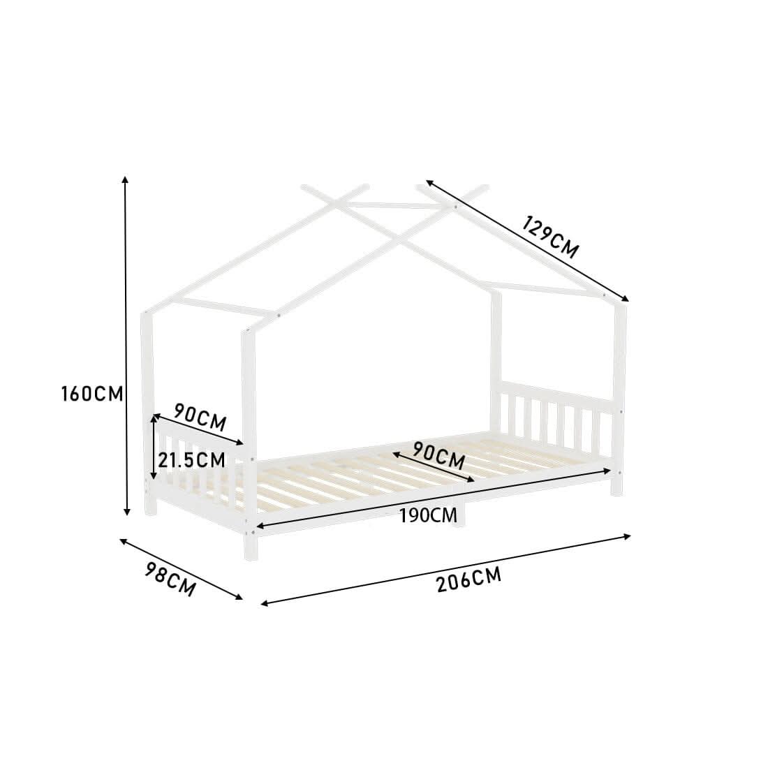 206cm W Nordic Style Pine Wood Bed Frame Toddler Kid Single Bed with Roof