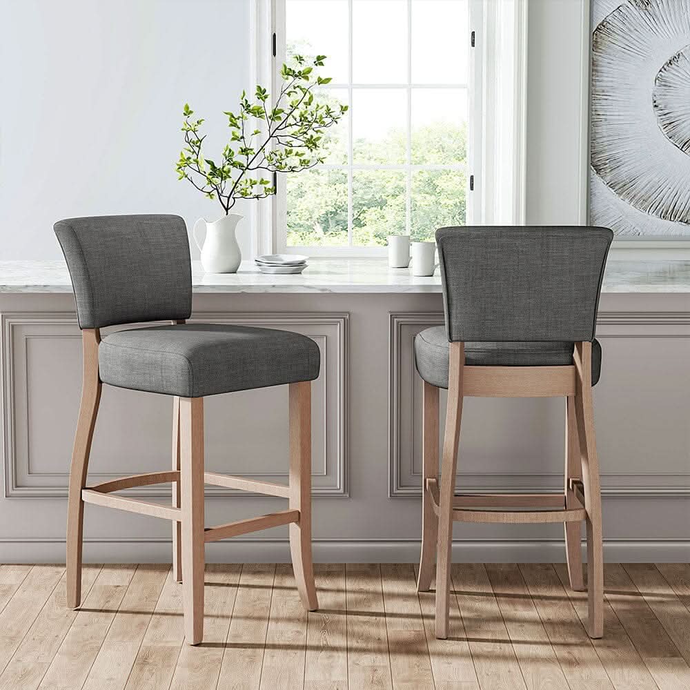 Set of 2 Linen Upholstered Bar Stools with Natural Wood Legs