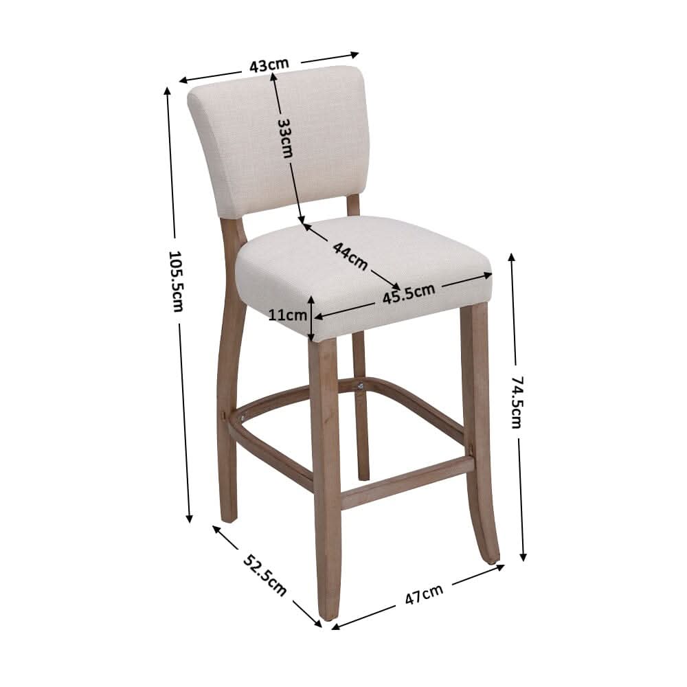 Set of 2 Linen Upholstered Bar Stools with Natural Wood Legs