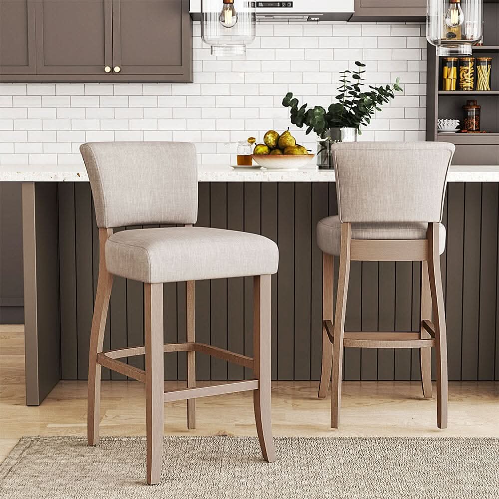Set of 2 Linen Upholstered Bar Stools with Natural Wood Legs