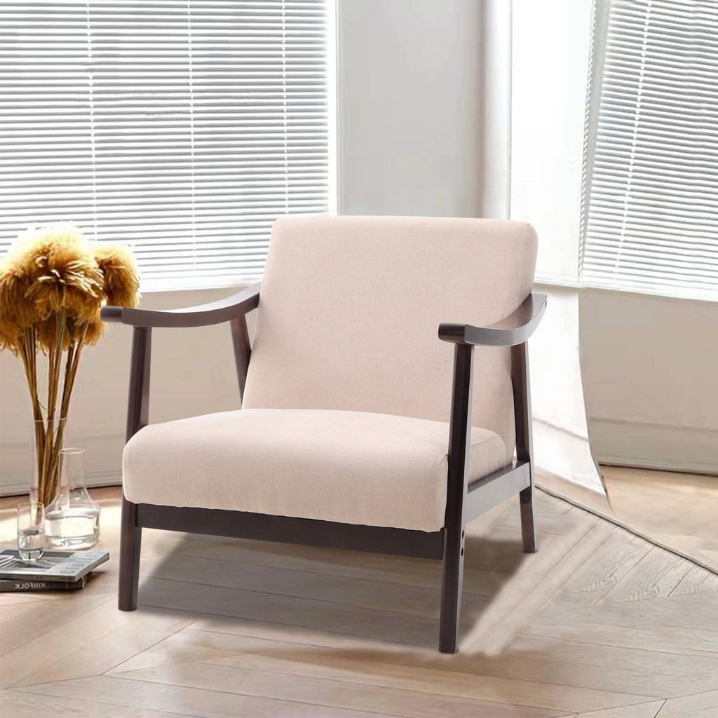 Mid-Century Modern Wooden Arm Accent Chair – Beige Tech Velvet